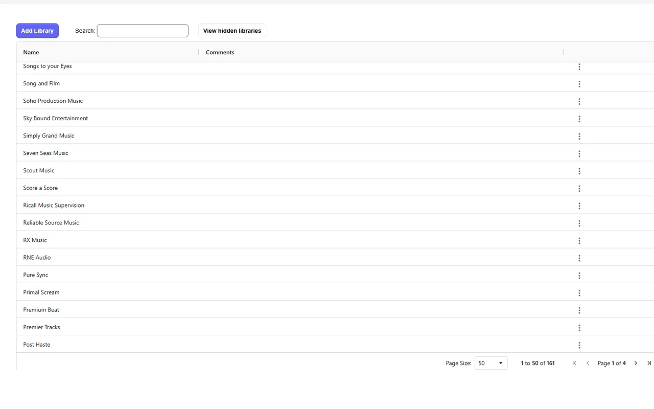 Sync Warehouse Libraries page showing a searchable list of music libraries