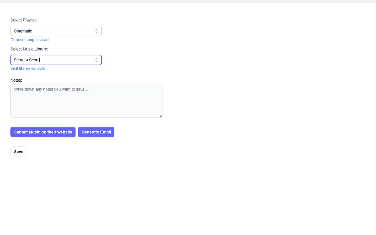 Sync Warehouse Pitch page for selecting a playlist, library, and generating a submission email