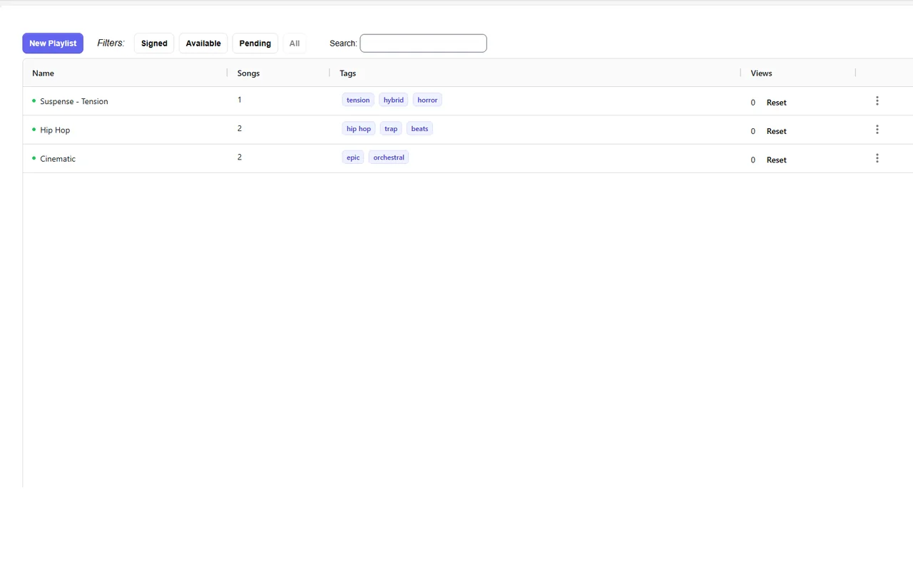 Sync Warehouse Playlists page showing curated playlists with tags and song counts